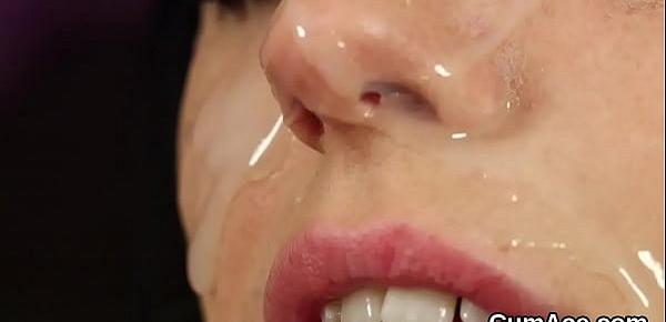  Nasty babe gets sperm load on her face sucking all the sperm